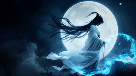 A solitary woman in traditional white attire stands beneath a colossal, luminous moon, her long dark hair dramatically swept by the wind.の素材