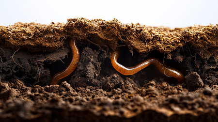A detailed macro photograph showcasing earthworms within their subterranean habitat. The image captures the texture of the soil and the worms' translucent bodies.の素材