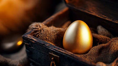 A gleaming golden egg rests inside a weathered wooden chest, nestled on burlap. The warm lighting highlights the egg's smooth surface and the textures of the chest and fabric.の素材