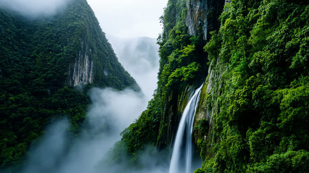 A majestic waterfall, rendered silky by long exposure, carves its path down a verdant cliff face amidst a dramatic, fog-enshrouded mountain gorge.の素材