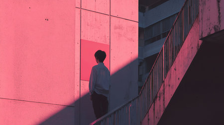 A lone figure stands on an outdoor concrete stairwell, bathed in vibrant pink light contrasting with deep blue shadows, creating a striking urban aesthetic.の素材