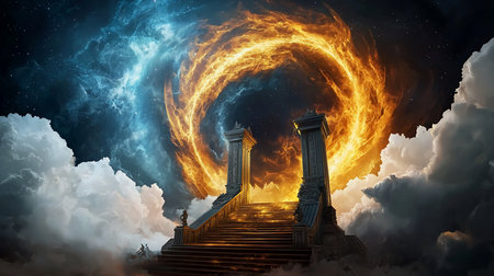 A grand staircase ascends towards a fiery portal, framed by ancient pillars, set against a backdrop of swirling clouds and cosmic nebulae, creating a surreal, otherworldly scene.の素材