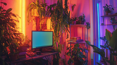A modern desk setup becomes an urban jungle oasis, with a computer monitor surrounded by lush houseplants bathed in the atmospheric glow of warm and cool neon LED lights.の素材