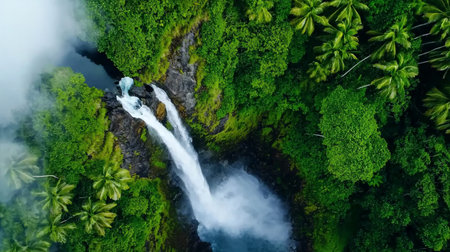 Breathtaking aerial view of a powerful tropical waterfall plunging into a serene pool, framed by vibrant green jungle, dense foliage, and palm trees, with ethereal mist rising.の素材