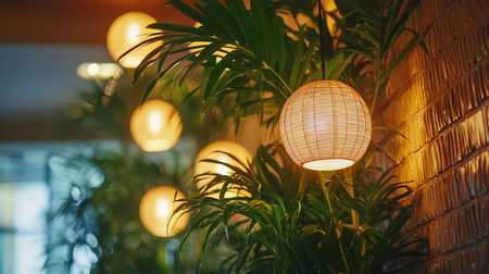A close-up of a beautifully crafted woven bamboo lantern emitting a warm, soft glow, nestled among vibrant green palm leaves.の素材