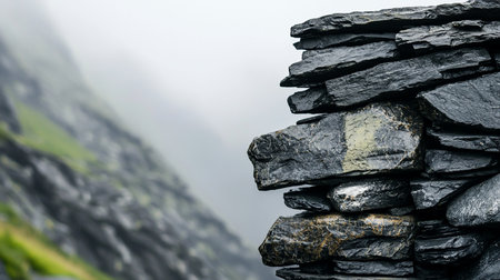 Close-up of a dark, wet dry stone wall, highlighting its rugged slate texture. A soft, blurred, misty mountain landscape forms the atmospheric background, evoking tranquility.の素材