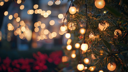 A close-up shot of Christmas lights illuminating evergreen branches. The warm, soft glow of the lights creates a bokeh effect in the background.の素材