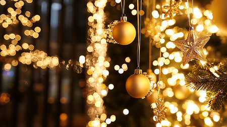 Festive Christmas scene with golden ornaments and a star hanging amidst blurred bokeh lights, creating a warm, magical holiday atmosphere.の素材