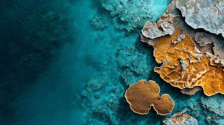 An aerial perspective showcases a vibrant coral reef with intricate brain coral and rock formations in crystal clear turquoise and deep blue tropical ocean water.の素材