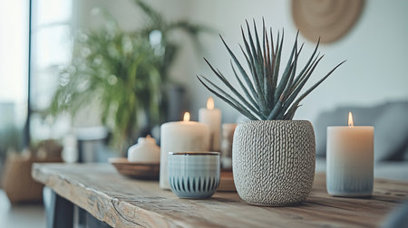 A serene still life arrangement creates a cozy hygge atmosphere. A spiky succulent in a textured pot is the focal point, surrounded by warm, glowing candles on a rustic wood table.の素材