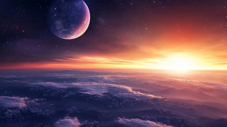A breathtaking digital painting of a fantastical alien world. A majestic purple planet hangs in a star-filled sky, illuminated by a brilliant orange sunset over cloud-kissed mountains, evoking wonder.の素材