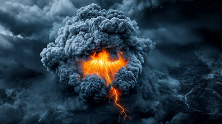 A cataclysmic volcanic eruption unleashes a massive plume of dark ash, illuminated from within by fiery lava. Powerful bolts of lightning crackle through the chaotic, stormy sky.の素材