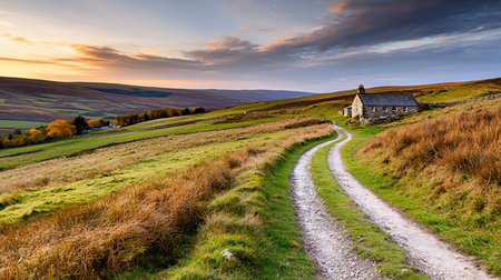 A winding dirt path leads to a solitary stone cottage nestled in a lush green valley, bathed in the warm glow of a dramatic sunset.の素材