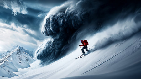 A skier in red jacket carves down a snow-covered slope, facing a massive, ominous avalanche cloud. The dramatic composition highlights the skier's courage against the powerful forces of nature.の素材