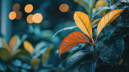 Close-up of Calathea leaves, showcasing warm orange and yellow hues against a blurred background of bokeh lights, creating a serene and magical botanical scene.の素材