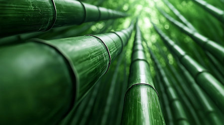 An immersive, low-angle view from within a tranquil bamboo grove. Towering green stalks lead the eye upward to a bright, sun-dappled canopy with a soft bokeh effect.の素材