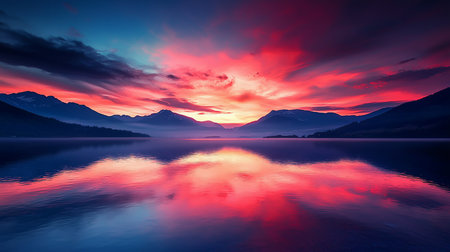A tranquil mountain lake perfectly reflects a dramatic sunset sky, ablaze with vivid red, pink, and deep blue hues. Silhouetted peaks frame this serene, awe-inspiring natural landscape.の素材