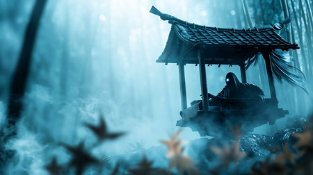 A hooded figure with glowing eyes sits within a traditional Japanese pagoda, shrouded in mist. The scene is set in a misty forest, with a cool blue color palette.の素材