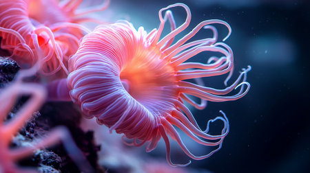 A stunning close-up of a vibrant pink sea anemone, its delicate tentacles gracefully unfurling in the deep blue, mysterious ocean.の素材