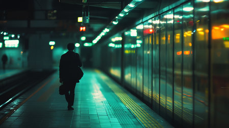A lone, silhouetted figure walks down a deserted subway platform, bathed in the moody, cinematic glow of teal and green lights, creating a sense of urban solitude and mystery.の素材