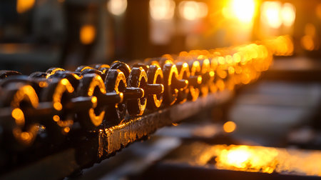 Industrial conveyor chain bathed in fiery golden light, creating a dramatic glow. Shallow depth of field highlights metal links against a warm, blurred factory background.の素材