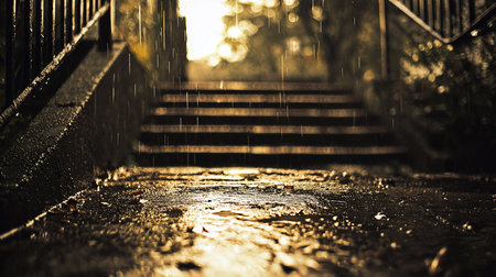 A low-angle view of a wet urban staircase during a rain shower, bathed in warm golden backlight. Shimmering reflections on puddles and railings create a moody, atmospheric scene.の素材