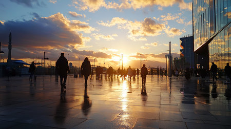 Silhouetted figures walk across a wet plaza in Belfast's Titanic Quarter, their forms reflected in the rain-slicked pavement under a dramatic golden sunset.の素材