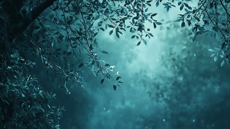A mystical forest scene with hanging branches and leaves in a deep teal hue, illuminated by soft, diffused light and floating particles.の素材
