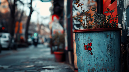 A vibrant green plant thrives in a weathered, teal-blue pot with red graffiti, set against a beautifully blurred urban street background, showcasing urban resilience.の素材