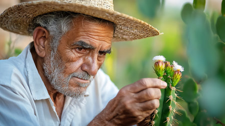 An elderly man, wearing a straw hat, carefully examines a blooming cactus. The close-up shot highlights his weathered face, the texture of the cactus, and the soft, natural lighting.の素材