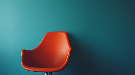 A striking orange chair stands out against a teal wall, creating a minimalist and modern aesthetic. The composition emphasizes the contrast of colors and textures.の素材