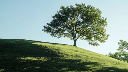 A single, wide-canopied tree with dense green foliage stands on a vibrant, grassy slope. Sunlight creates long, dark shadows on the textured, sun-kissed hill.の素材