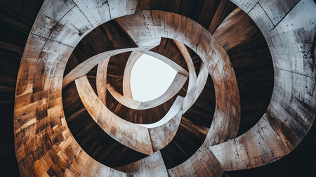 Low-angle view of a wooden spiral structure, featuring curved beams and a central opening to the sky, showcasing an architectural design.の素材