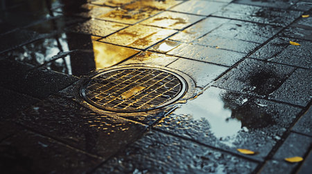 A circular metal drain cover sits on wet, dark pavement, reflecting light and water. The drain has a grid pattern.の素材