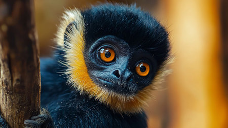 A close-up portrait of a monkey with black fur, yellow and orange accents, and striking orange eyes. The monkey appears to be looking directly at the viewer.の素材