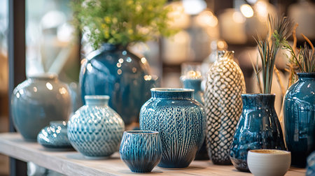 Assortment of various ceramic vases in different sizes and blue hues, featuring intricate textured patterns and glossy finishes.の素材