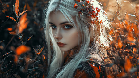 Close-up of a young woman's face, featuring long platinum blonde hair, striking blue eyes, and a delicate red floral headpiece. Her fair skin and calm expression are visible.の素材