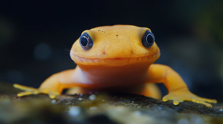 A vibrant orange amphibian, possibly a frog or salamander, with striking large, dark eyes and a gentle smile, is captured in a close-up, detailed shot.の素材