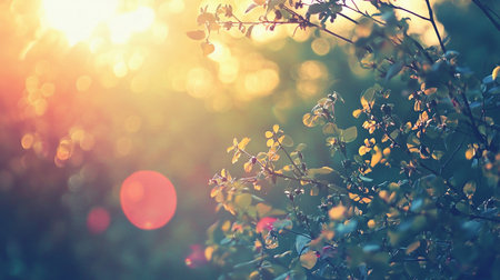 Close-up view of delicate plant branches with small leaves, bathed in warm golden sunlight, creating a soft bokeh effect in the background.の素材