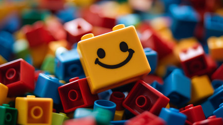 A yellow plastic toy block with a printed smiley face sits in a colorful pile of red, blue, and green interlocking bricks, with a shallow depth of field.の素材