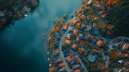 High-angle view of a vibrant residential area featuring numerous houses with diverse roof colors, winding streets, and lush autumn trees bordering a serene blue lake.の素材