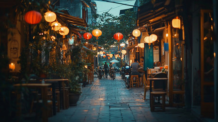 A narrow street is adorned with glowing lanterns, illuminating people walking with bicycles and outdoor dining areas.の素材