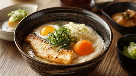 Appetizing Japanese noodle bowl with a perfectly grilled fish fillet, a vibrant sunny-side-up egg, a smooth orange carrot, and fresh green herbs, submerged in a savory broth.の素材