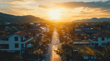 Peaceful residential town at golden hour, showcasing modern houses, lush green trees, paved streets, and distant mountains under a warm, glowing sky.の素材