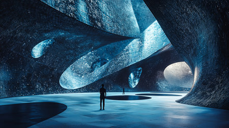 A vast, cavernous space with flowing, organically curved walls covered in a glowing blue, pixelated texture. Two human silhouettes stand on the smooth floor, emphasizing the scale.の素材