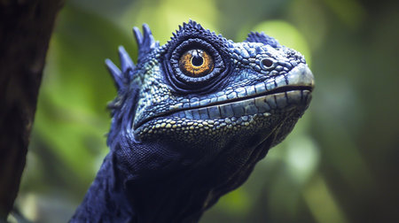 A striking close-up of a blue lizard's head, featuring intricate scaly textures, a spiky crest, and a captivating, round orange eye with a dark pupil.の素材
