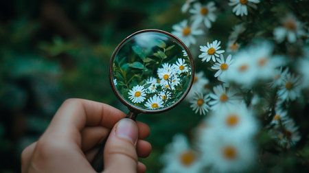 A hand holds a bronze-rimmed magnifying glass, focusing on a cluster of white daisies with yellow centers and green leaves.の素材