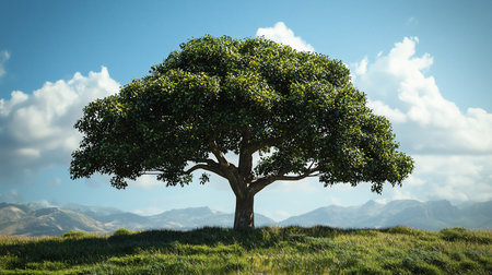 A solitary, mature tree with a thick, textured trunk and abundant, vibrant green leaves, its branches reaching outwards.の素材