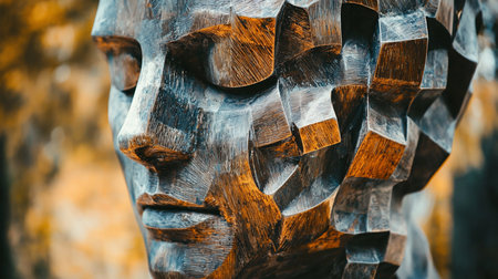 A stylized human head sculpture with a fragmented, cubist appearance. The material shows fine carved lines and a dual-tone finish of dark grey and warm brown.の素材