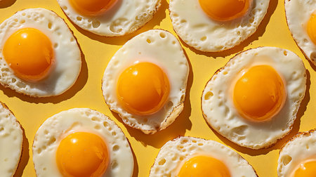 A close-up, top-down view of several fried eggs with glossy, bright orange yolks and textured, crispy whites with browned edges, creating a repeating pattern.の素材